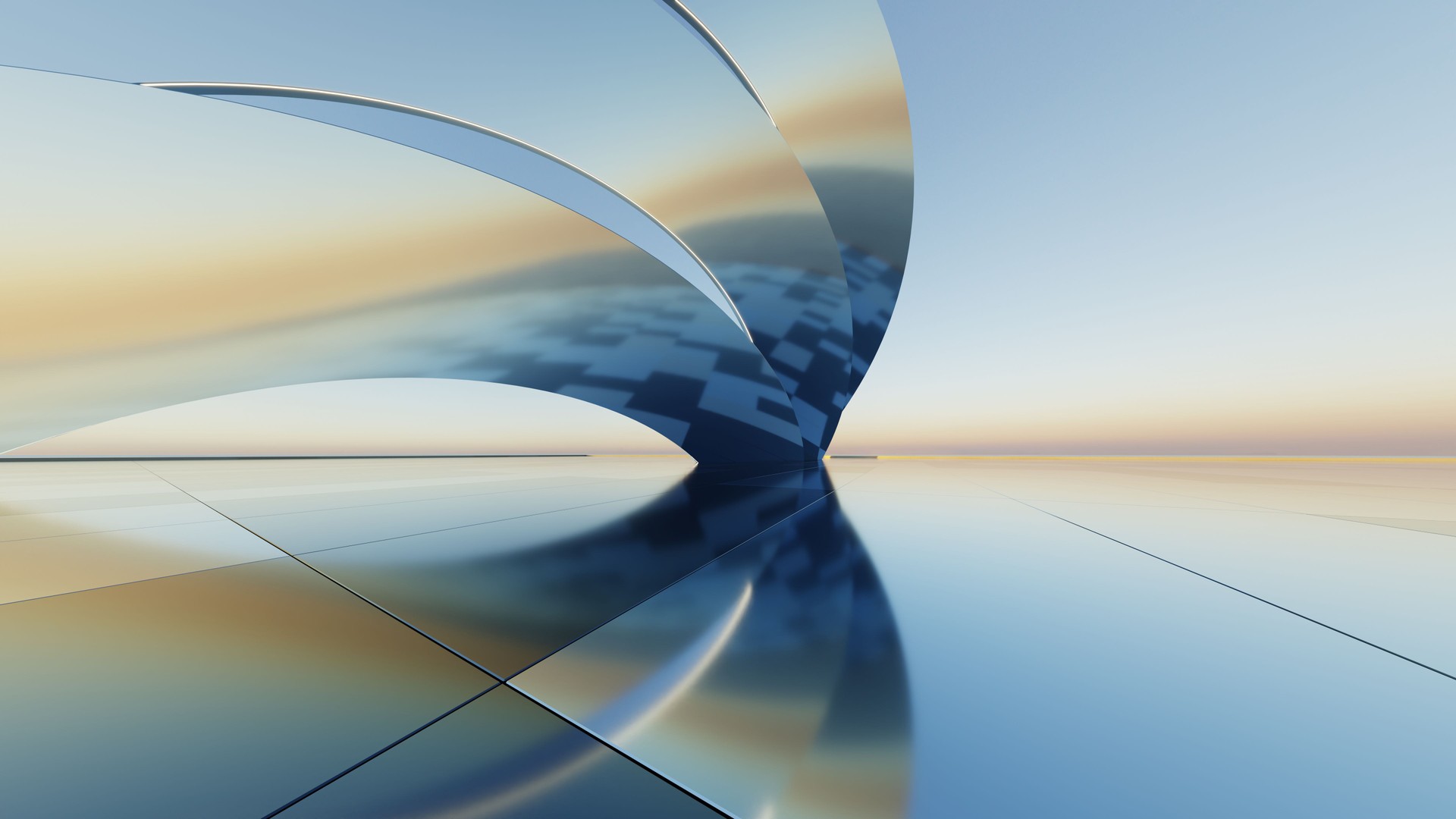 3d illustration of abstract titanium architecture background, Minimal curved geometry architectural, Car presentation backdrop with empty reflected concrete floor, Neon geometric metal building design